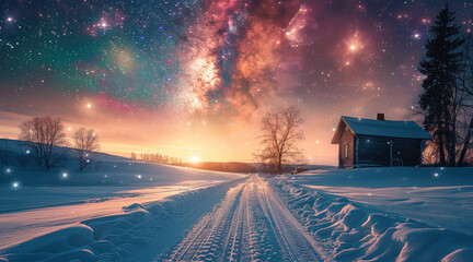 Poster - Colorful sky with shining galaxy, long road with heavy snow, with a wooden house.