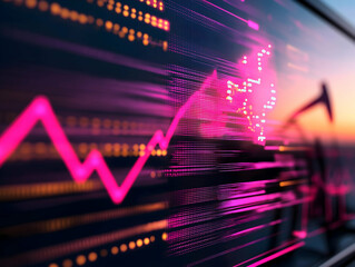 Poster - A vibrant digital graph displaying an upward trend, highlighted in pink against a sunset backdrop, symbolizing financial growth and market analysis.