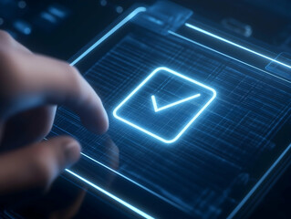 Aufkleber - A glowing checkmark on a digital interface is being activated by a hand, symbolizing confirmation or completion in a modern technological context.