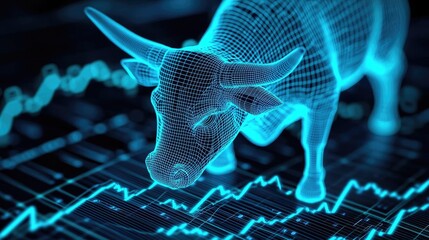 Poster - Digital bull symbolizing stock market trends on a blue graph background.