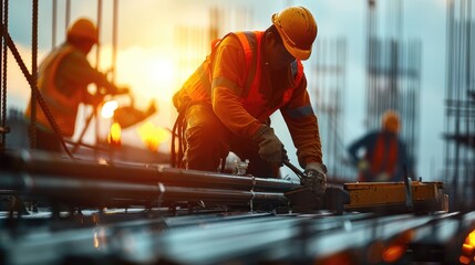 Fototapete - Worker work at construction site.