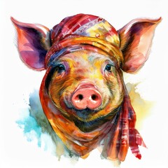 Wall Mural - illustration of a pig with headscarf on painted watercolor drawing isolated on white background