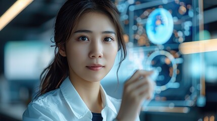 Leinwandbilder - Chinese woman working as a product manager, discussing design with her team, digital prototypes softly blurred behind her.