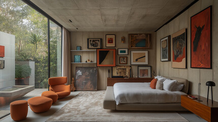 Wall Mural - Stylish bedroom with contemporary art displays and large windows in a modern home setting