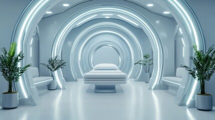 Poster - futuristic curved hallway with symmetrical lighting in a modern architectural interior