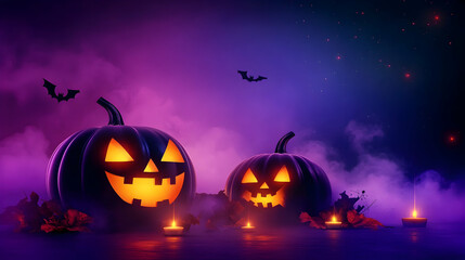 Wall Mural - 3D Halloween Jack-o'-lanterns Glowing in Purple Mystical Night Background with Bats and Candles