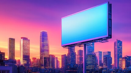 Poster - Urban skyline at sunset with an empty billboard.