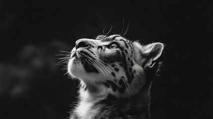 Aufkleber - A monochrome portrait of a leopard gazing upward, highlighting its features and expressions.