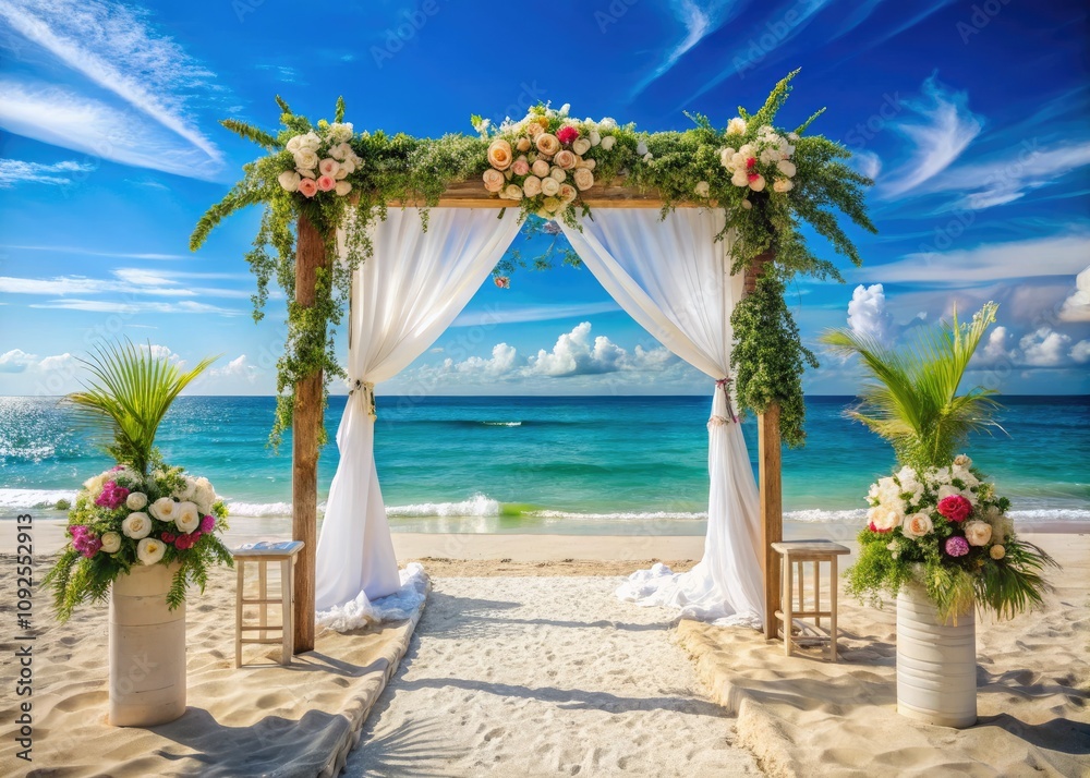 Tropical Beach Wedding Ceremony Setup with White Draped Arch and Ocean ...