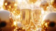 © HAMEEDA - Golden champagne glasses against a backdrop of shiny balloons and glittering streamers.