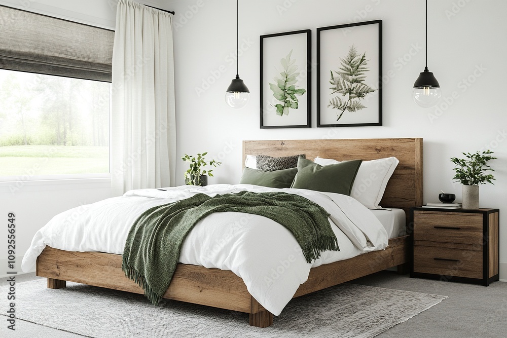 Design a bright and cozy modern farmhouse master bedroom with white ...