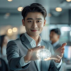 Aufkleber - young Asian man, dressed in smart grey business attire, reaching out to a white background to touch a digital image floating in his hand. In the background are scenes of other staff members working.