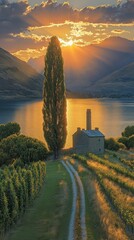 Wall Mural - Serene sunset over a tranquil lakeside landscape.