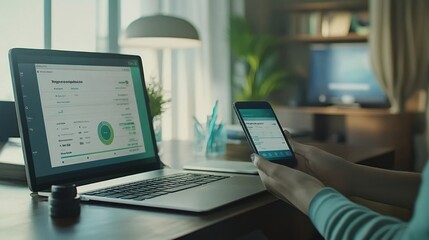 Poster - A person using a smartphone while analyzing data on a laptop in a modern workspace.