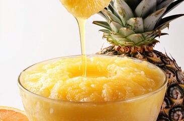 Poster - A glass bowl of pineapple juice with fresh pineapple in the background.