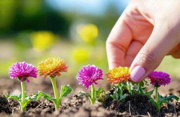 Woman plants flowers in the garden 