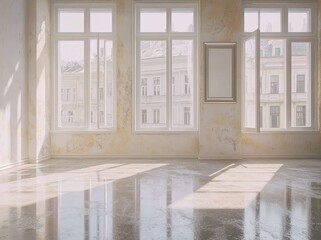Poster - A sunlit empty room with large windows and a mirror, showcasing a serene atmosphere.