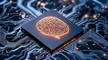 Poster - Glowing Brain Microchip on Dark Futuristic Circuit Board Technology Background