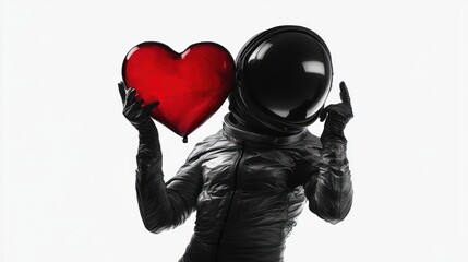 Poster - A figure in a black spacesuit holds a large red heart against a white background.