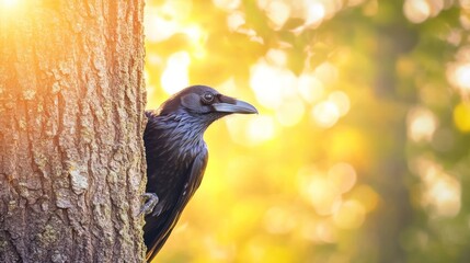 Aufkleber - A raven peeks from behind a tree, illuminated by warm sunlight in a serene environment.