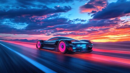 Poster - A futuristic car racing along a vibrant sunset-lit road, showcasing advanced design and technology.