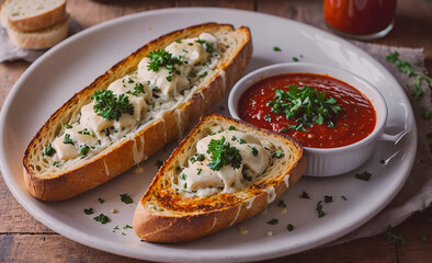 Poster - Plate of two breaded items with cheese and parsley on top. A white bowl of red sauce is on the left side of the plate