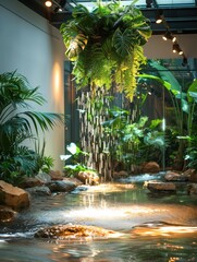 Poster - A tropical plants botanical museum with water stream flowing through, beautiful gallery ceiling mounted spot lights.