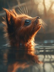 Aufkleber - A close-up of a furry creature's head above water, reflecting sunlight.