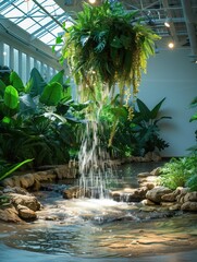 Poster - A tropical plants botanical museum with water stream flowing through, beautiful gallery ceiling mounted spot lights.