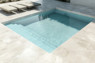 Fototapete - A serene pool area with steps leading into clear water and sun loungers nearby.