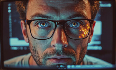 Aufkleber - Man with glasses is staring at a computer screen. The screen is black and white. The man's eyes are open and he is looking directly at the camera