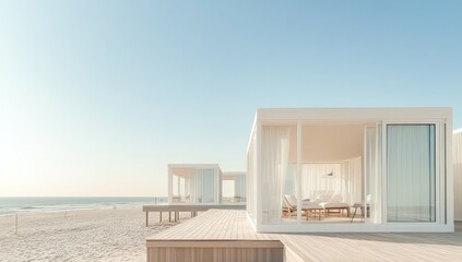 Aufkleber - Modern beachside cabins with large windows and wooden decks overlooking the ocean.