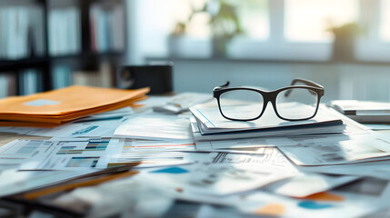 Poster - Strategic documents spread across a table, surrounded by tools for evaluation and planning, symbolizing decisionmaking processes