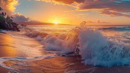 Poster - Waves crashing on the shore, colorful sky create a warm backdrop.