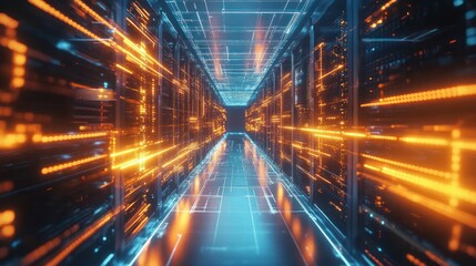 Aufkleber - Illuminated Server Room Corridor Digital Data Center