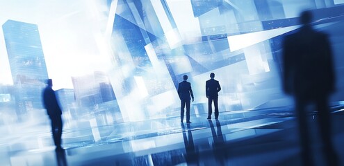 Poster - Abstract business scene with silhouettes and a futuristic cityscape.