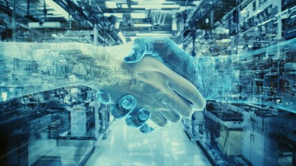 Poster - A digital handshake symbolizing collaboration and innovation in a futuristic industrial setting.