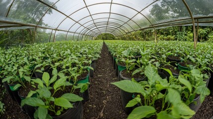 Poster - A greenhouse filled with rows of young plants growing in pots.