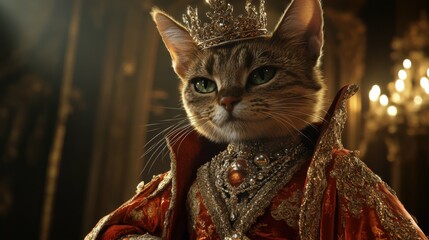 Wall Mural - a high-fashion portrait of a stylish Sokoke cat adorned with luxurious jewelry and a crown, dressed in elegant clothes against a lavish backdrop, captured in hyper-detailed cinematic lighting.