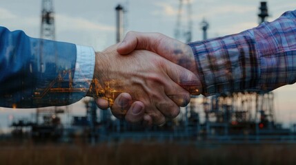 Poster - A handshake symbolizing partnership in the oil and gas industry at sunset.