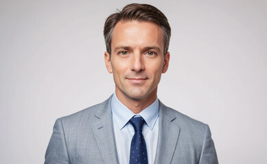 Poster - Man wearing a suit and tie is smiling for the camera. He is wearing a blue shirt and a blue tie