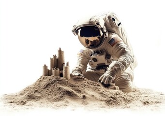 Aufkleber - An astronaut building a sandcastle on a sandy surface, highlighting creativity in space.