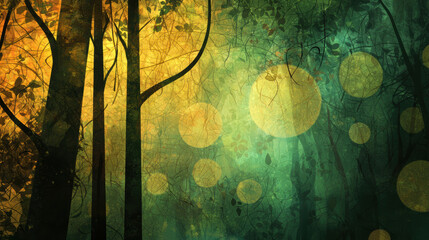 Sticker - Forest silhouette with glowing bokeh lights in golden and green tones, creating a magical natural scene.