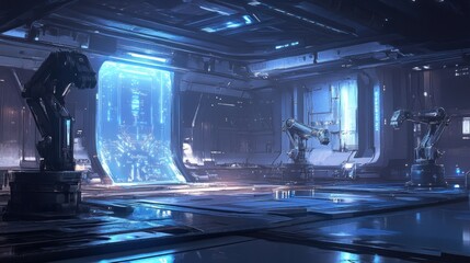 Poster - Futuristic Robotic Facility Interior With Glowing Portal