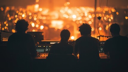 Poster - Silhouetted individuals operate sound equipment against a glowing city backdrop.