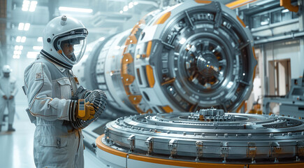 Aufkleber - A factory worker, dressed in a fusion of a space suit and a factory jumpsuit with metallic accents and utility pockets, stands attentively in a futuristic space station.