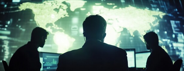 Poster - A group of professionals analyzing data with a world map projection in a tech environment.