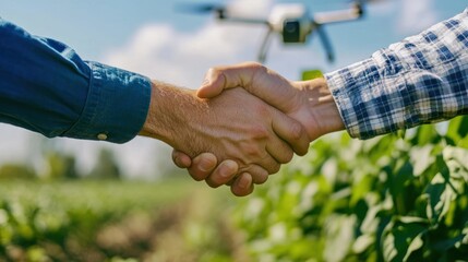 Aufkleber - Two hands shaking in a field with a drone overhead, symbolizing agricultural collaboration.
