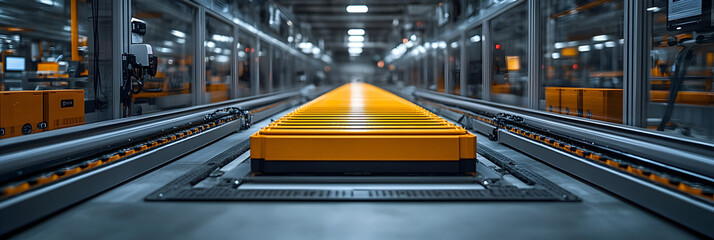 Poster - Automated conveyor system in a modern warehouse facility for efficient handling,storage,and distribution of products and goods.