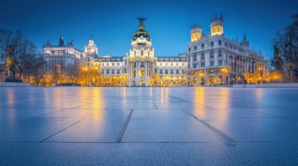 Poster - A serene evening view of an elegant architectural landmark illuminated by streetlights.